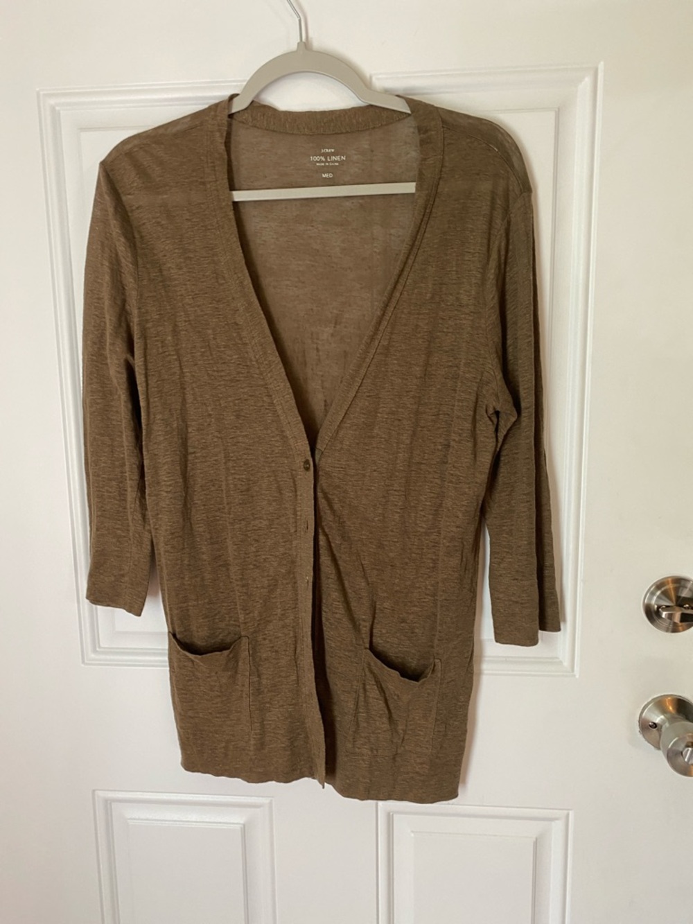 J. Crew olive/Brown 100% Linen V‑Neck Cardigan with Front Pockets size medium